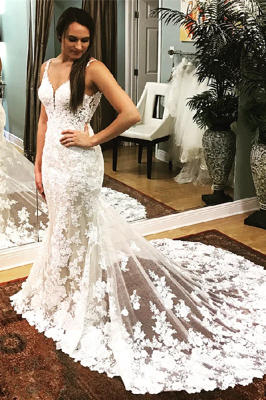 Best Seller Long Mermaid Open Back Ivory Wedding Dress with White Lace