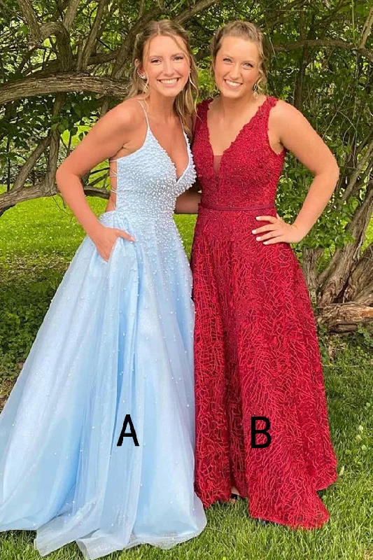 Bargain Bin Elegant A-Line V-Neck Tulle Long Prom Dress