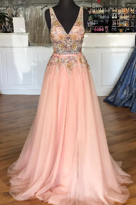 Shop and Save Pearl Pink Tulle Long Prom Dress with Beading Flowers