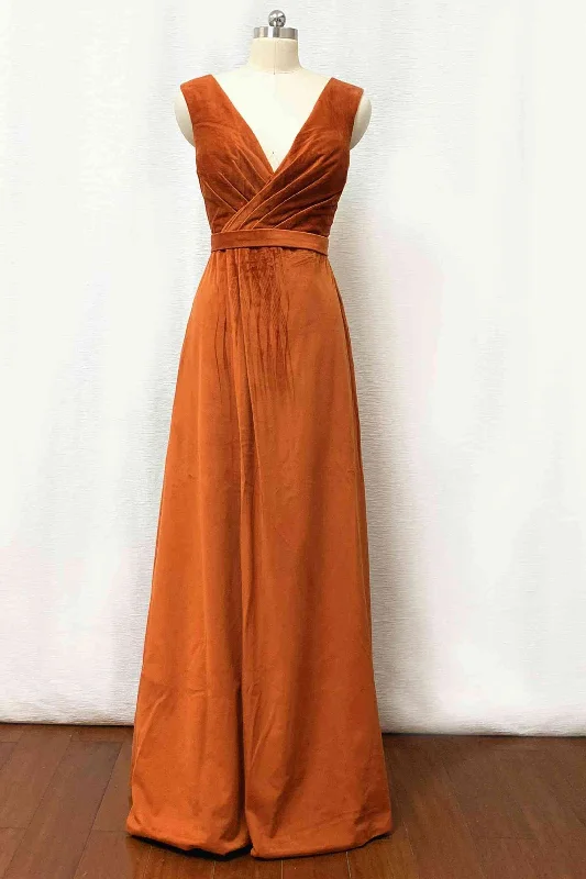 Early Access Burnt Oramge Pleated V-Neck Velvet Bridesmaid Dress with Belt