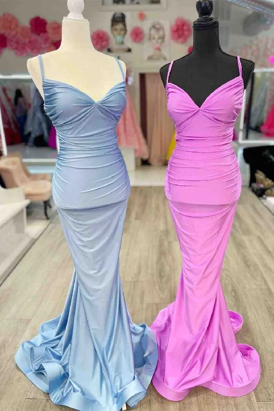 Hot Deal V-Neck Mermaid Pleated Satin Long Prom Dress with Spaghetti Straps