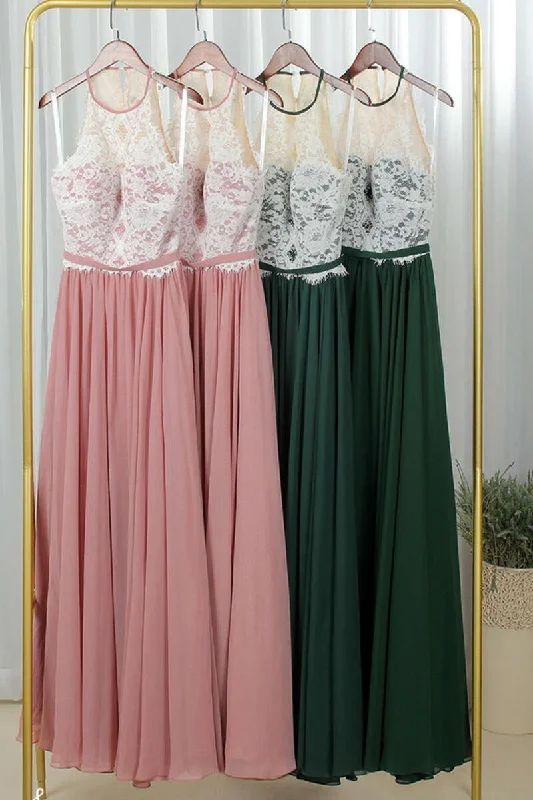 Members Only Blush Pink Crew Neck Lace Top A-Line Bridesmaid Dress
