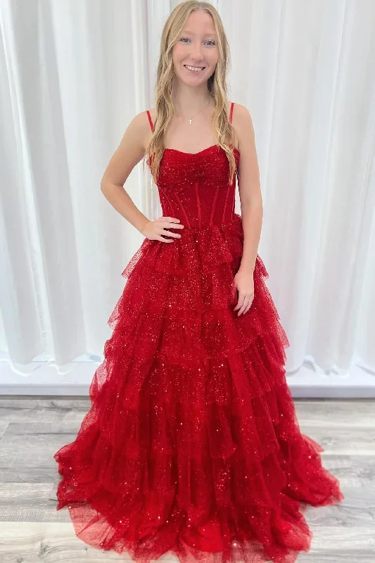 Quick Sale Spaghetti Straps Red Tulle Tiered Ruffle Ball Gown