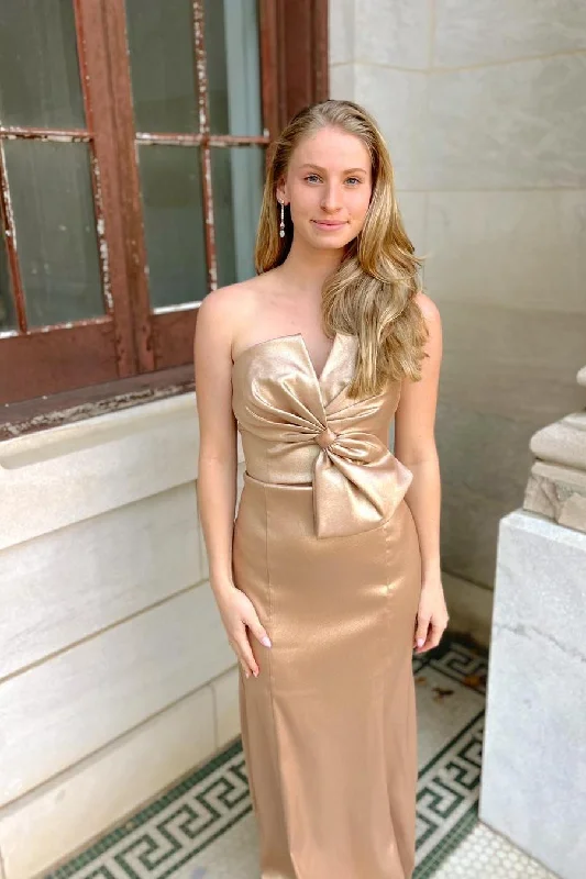 Don't Wait Bow Front Champagne Fitted Long Party Dress