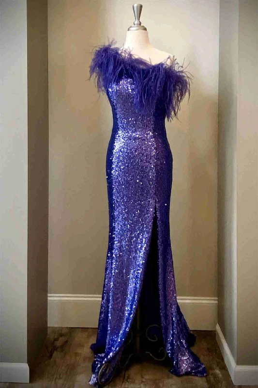 Steals and Deals Feather One-Shoulder Purple Long Party Dress with Slit