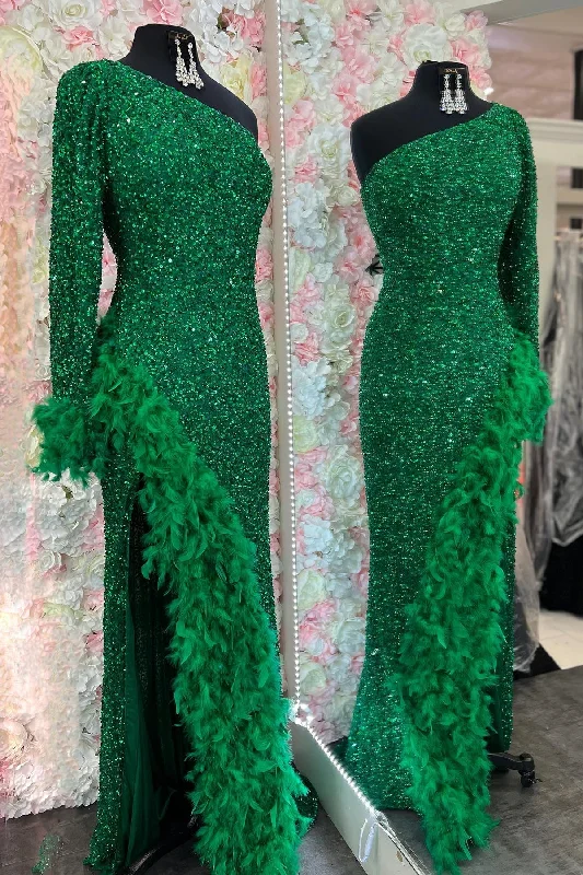 Weekend Deal Hunter Green One Shoulder Sequins Slit Prom Dress with Feathers