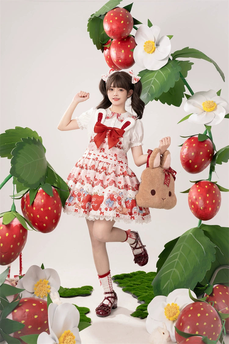 Final Markdown To Alice~Spring Strawberry Bunny~Kawaii Lolita Salopette Dress Hooded Coat and Blouse