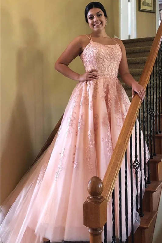 New Deals A-line Straps Long Blush Lace Prom Dress with Lace-Up Back