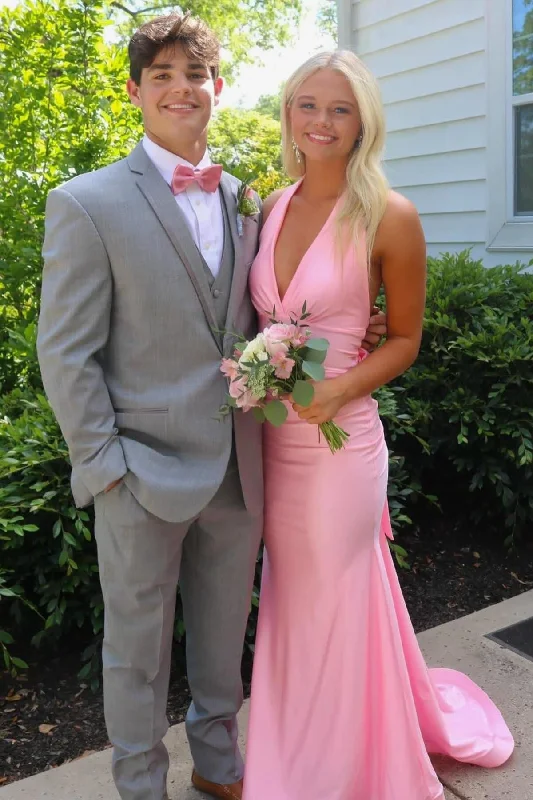 The Best Prices Halter Pink Fitted Long Formal Dress