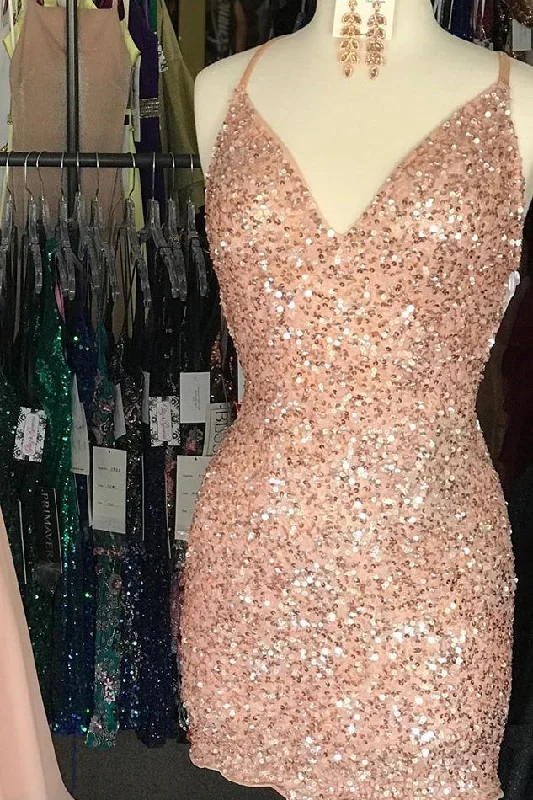 Incredible Offers Tight Sparkle Peach Sequins Party Dress