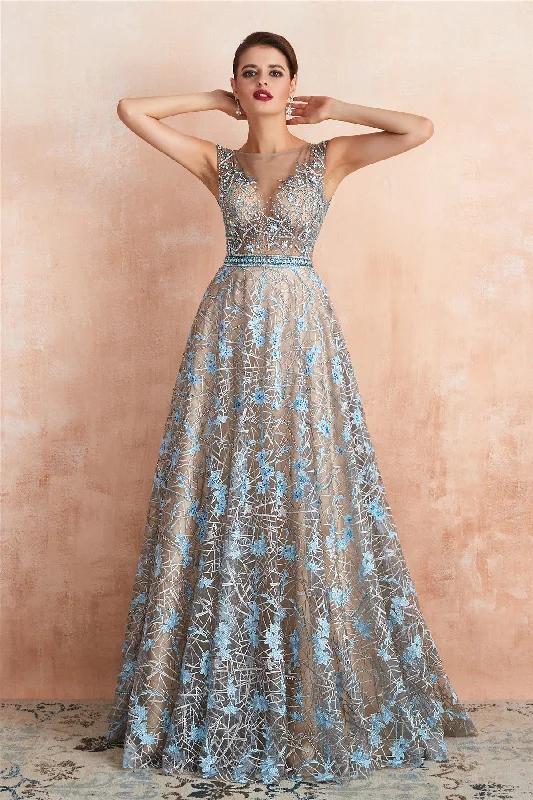 Today's Special Sexy Sheer Floral Long Prom Dress with Crystals