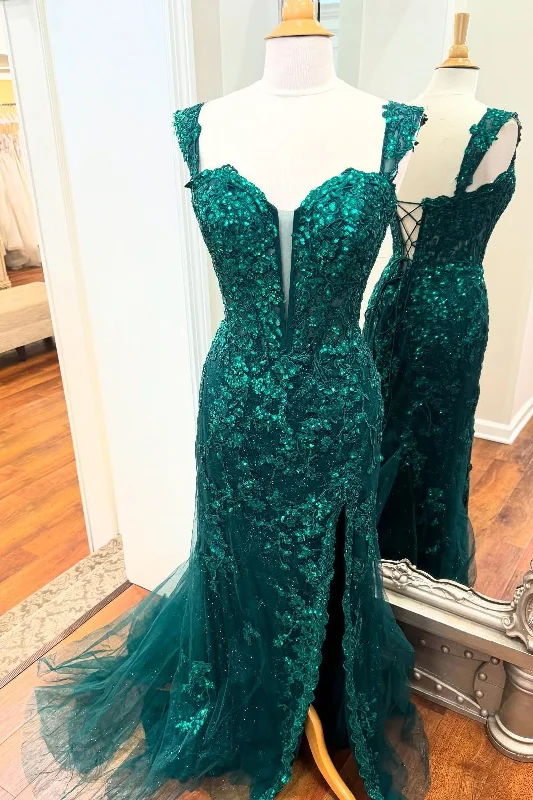 Bonus Savings Emerald Green Appliques Mermaid Long Formal Dress