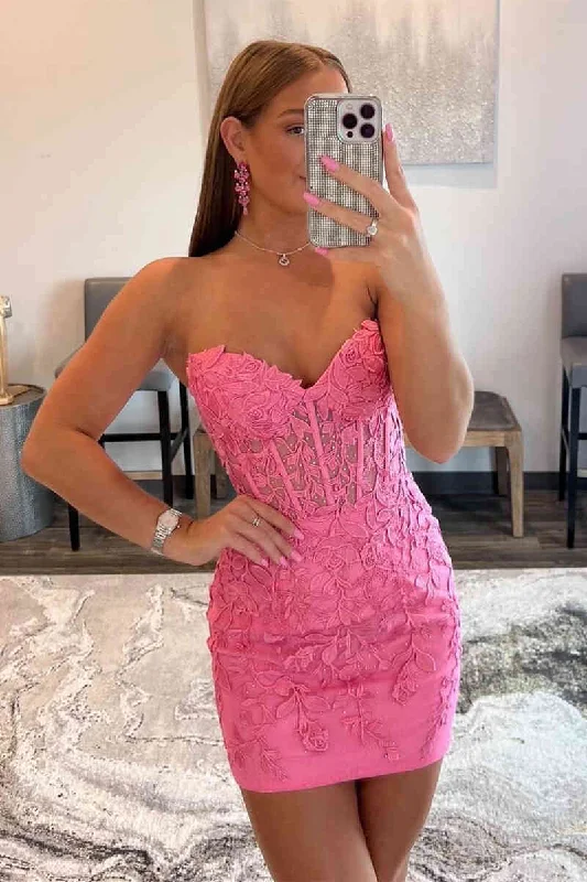 Limited Quantity Lace-Up Hot Pink Corset Appliqued Bodycon Homecoming Dress