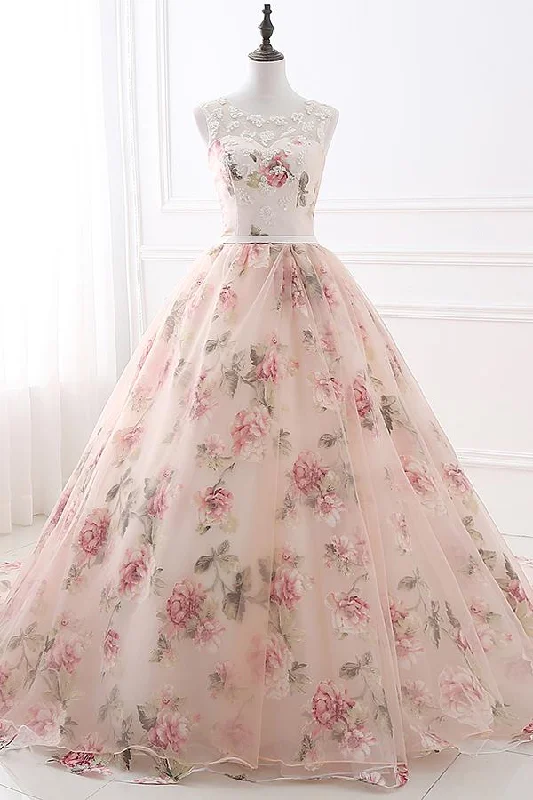 Massive Deals Illusion Neck Floral Tulle Lace-up Prom Evening Gowns