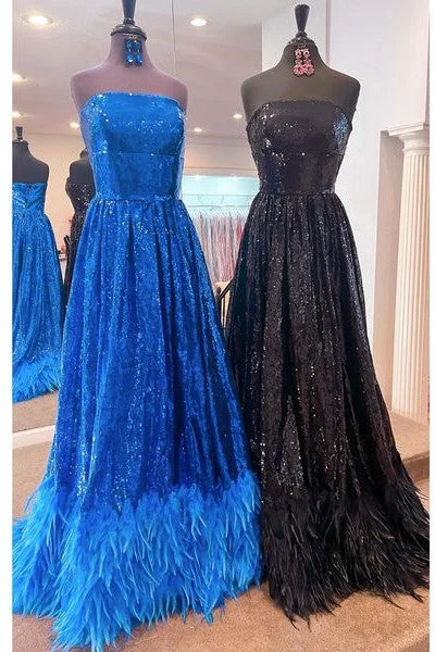 Grand Opening Sale A-Line Strapless Sequined Long Formal Dress with Feather Hem