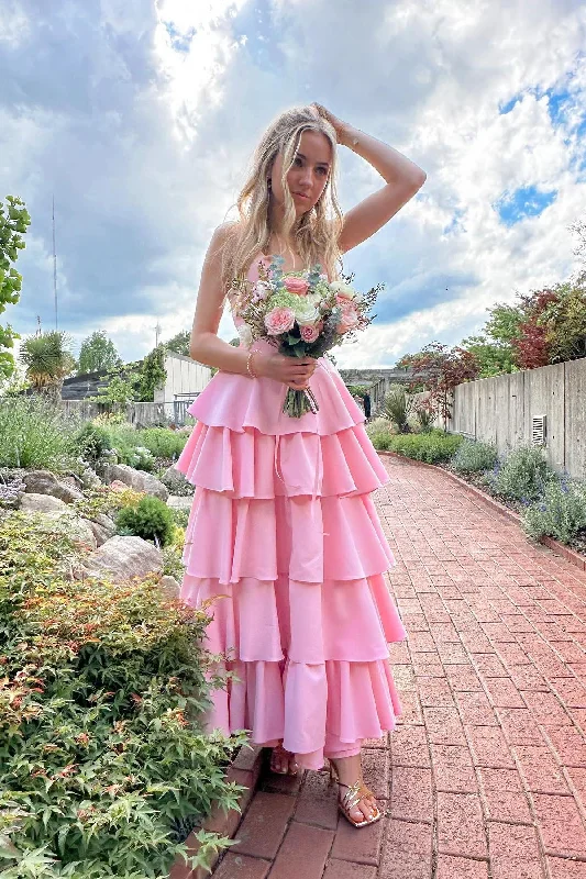 Reduced Prices Spaghetti Straps Pink V Neck Ruffle Long Maxi Dress