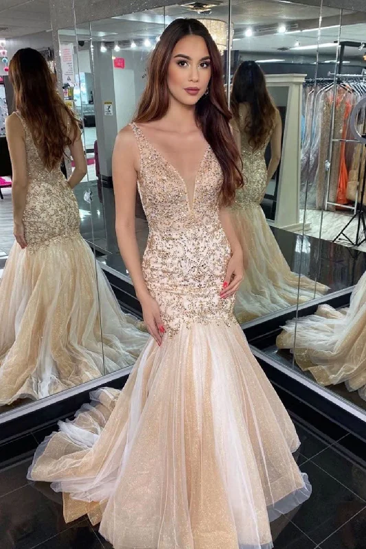 Customer Appreciation Sale Gorgeous V Neck Mermaid Beaded Champagne Long Prom Dress
