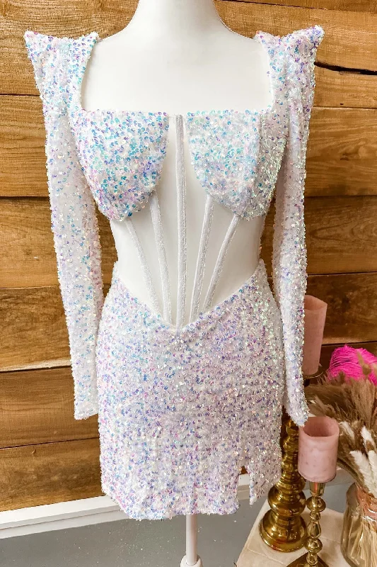 Don't Wait Square Neck Iridescent White Sequins Tight Homecoming Dress