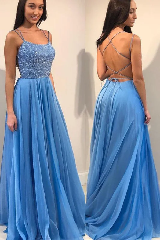Super Deal Blue Chiffon Long Prom Dress with Beaded Bodice