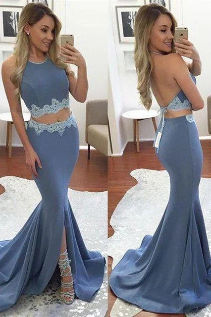 Limited Edition Two Piece Halter Mermaid Dusty Blue Prom Dress with Slit
