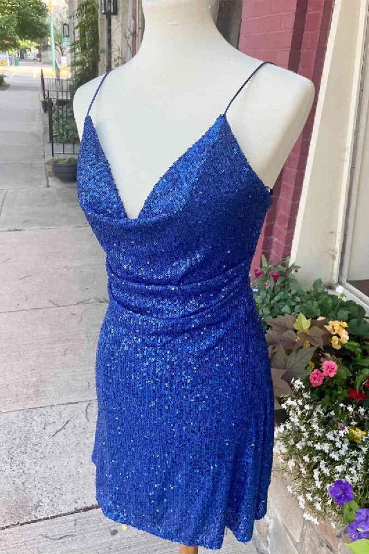 Special Price Cowl Neck Straps Blue Sequined Short Homecoming Dress