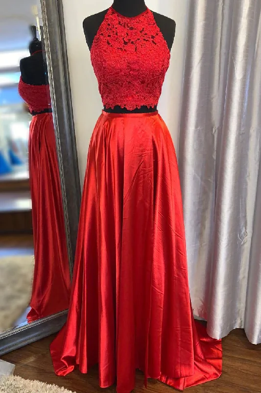 Special Discount Elegant Two Piece Red Lace and Satin Long Prom Dress