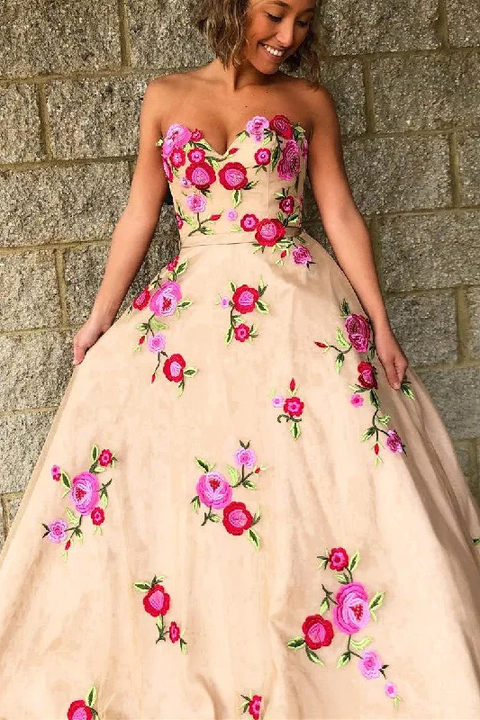 Exclusive Savings Sweetheart Champagne Long Prom Dress with Floral Embroidery