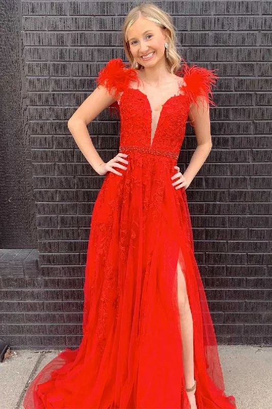 Super Bargain A-Line Appliques Red Feathers Long Party Dress