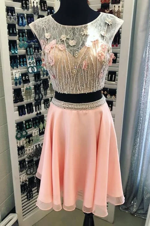 Stock Clearance Pink Floral Two Piece Homecoming Dress with Pearls