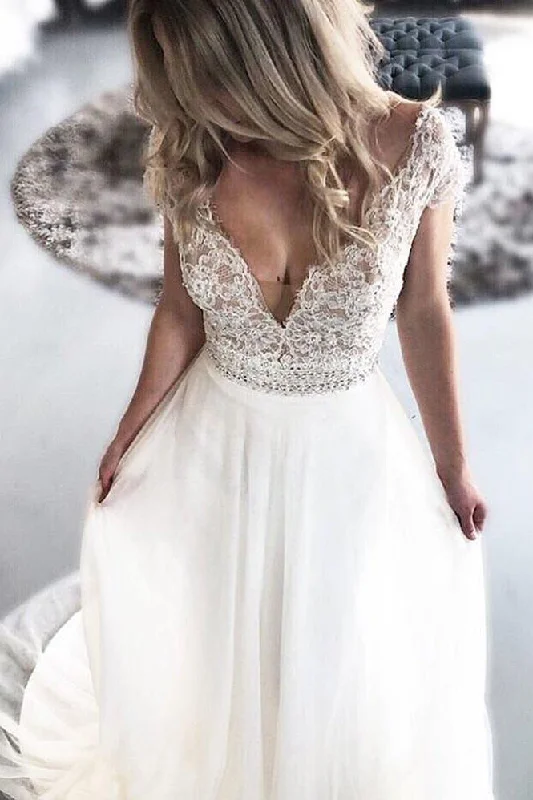 Markdown Madness Long Cap Sleeves A-line V-Neck White Wedding Dress with Lace