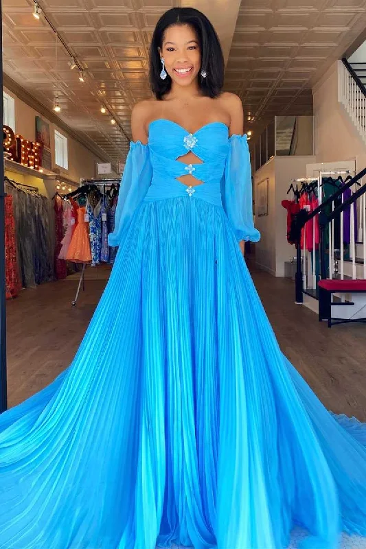 Clearance Sale Pleated Blue Cut Out Beaded Chiffon Long Prom Dress