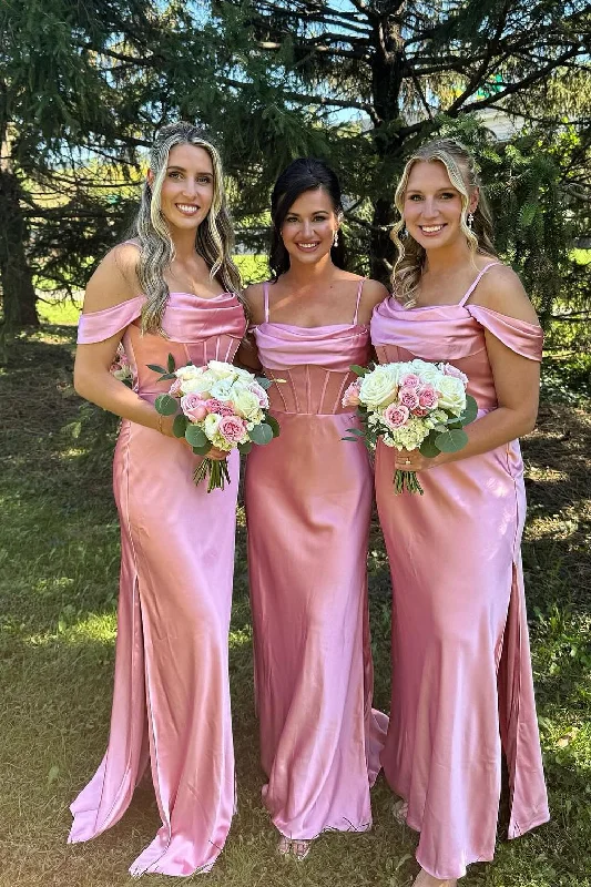 Price Rollback Off the Shoulder Pink Satin Fitted Long Bridesmaid Dress