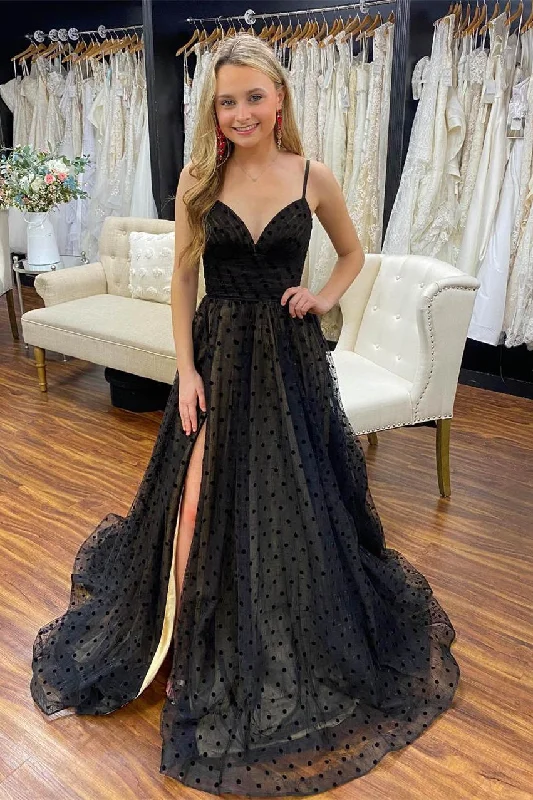 Mega Sale Black Polk Dots A-Line Long Formal Dress