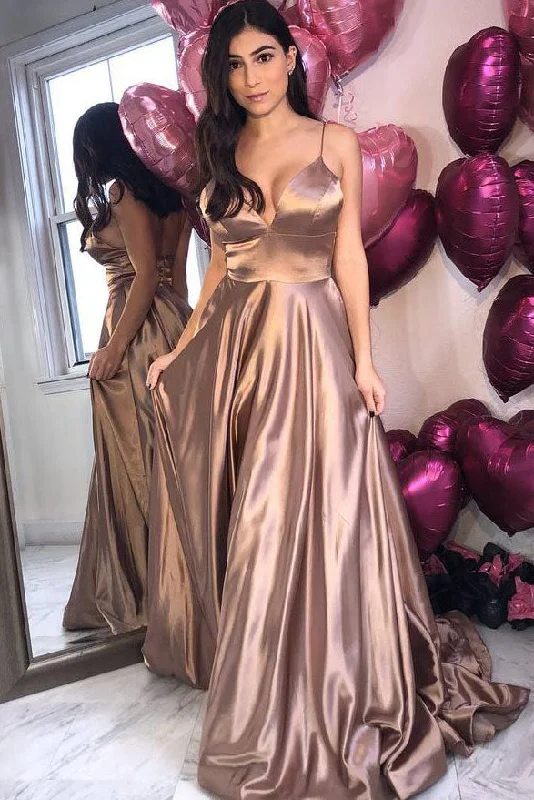 Overstock Straps Champagne Long Formal Evening Dress