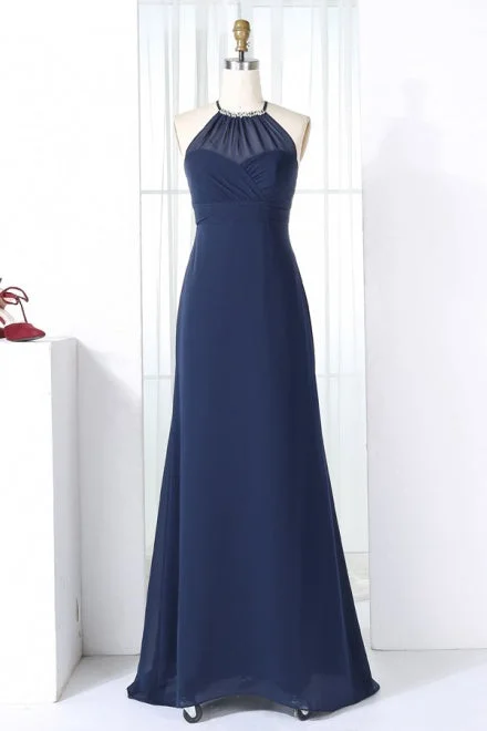 Steals and Deals Chiffon Halter Navy Long Bridesmaid Dress