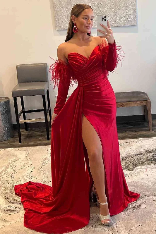 Special Promotion Sweetheart Pleated Red Formal Dress with Detachable Sleeves