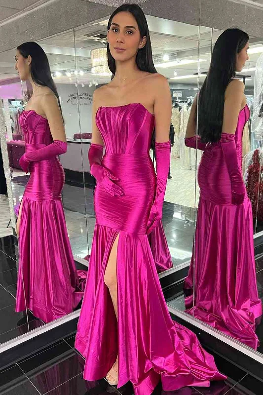 Markdowns Mermaid Strapless Satin Pleated Slit Long Prom Dress with Golves