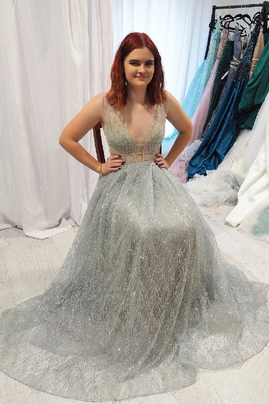 Super Sale Sparkly A-Line Plunging Neck Blackless Silver Long Prom Dress