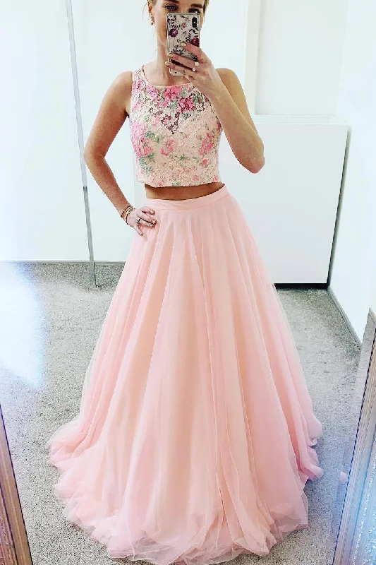 Get It Before It’s Gone Two Piece Pink Floral Scoop Lace Prom Dress