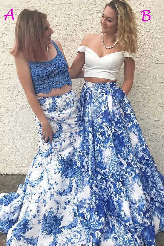 Limited Availability Two Piece Floral Print Navy Blue Long Prom Dress