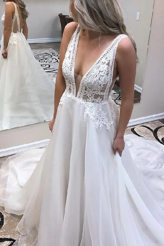 Savings Alert Long Deep V Neck A-line White Wedding Dress with Appliques