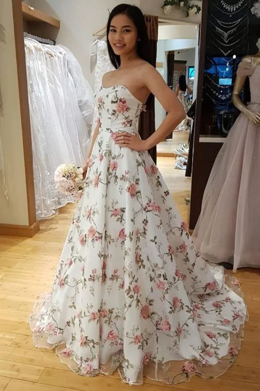 The Best Prices Elegant Strapless Long White Floral Prom Dress