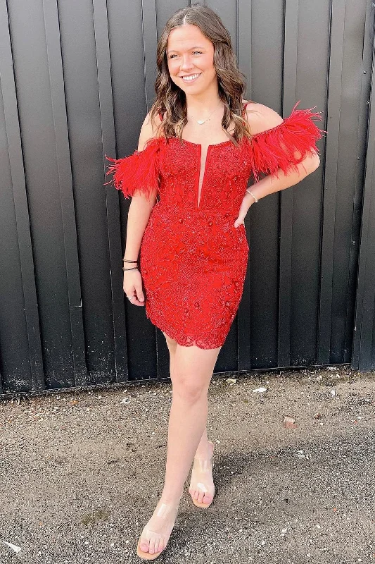 Referral Discount Red Lace-Up Off-the-Shoulder Feathers Appliques Homecoming Dress