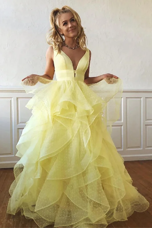 Today’s Special Plunging Neck A-line Cascading Ruffles Long Yellow Prom Dress