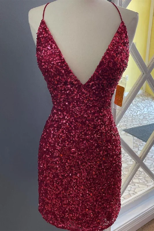 Weekend Deal Burgundy Halter Sequined Tight Homecoming Dress