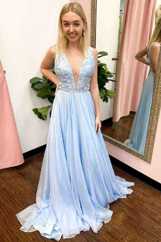 Act Fast Light Blue V-Neck Appliqued Prom Dress