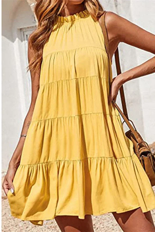Deal Frenzy Crew Neck Yellow Ruffle Summer Dress