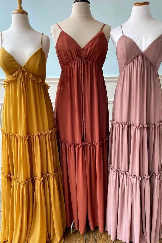 Overstock Sale Elegant Straps High Waist Long Bridesmaid Dress with Ruffles