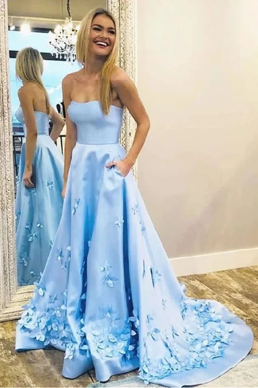 Special Discount 3D Flowers Sweetheart Blue Prom Dress with Pockets