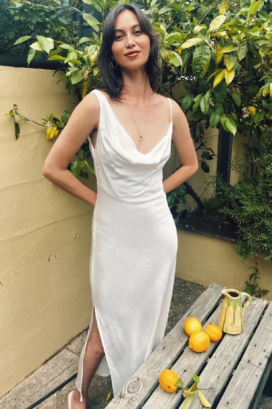 Price Fest Asymmetrical Cowl Neck Ivory Satin Bridesmaid Dress